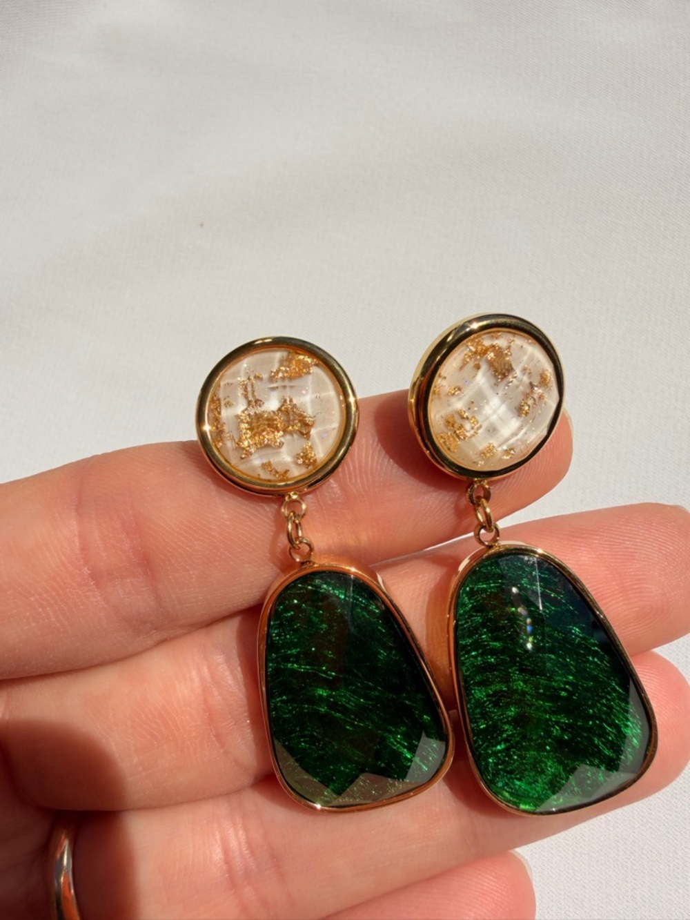 Green-Tone Green & White Drop Earrings - Picture 5 of 5